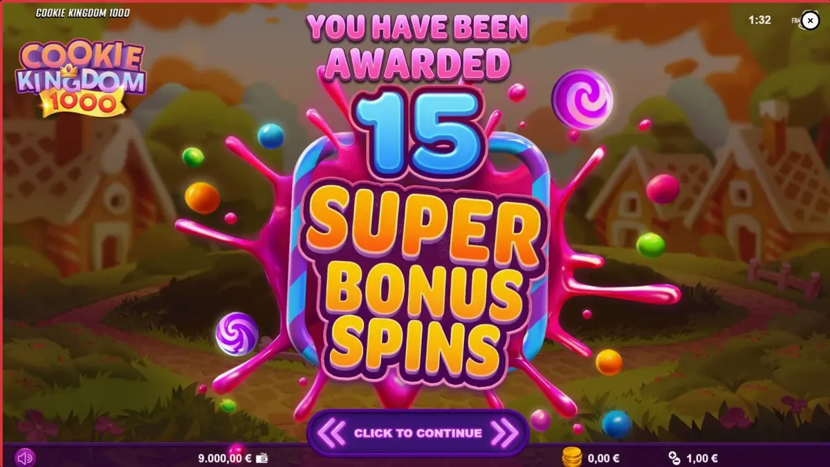 Cookie Kingdom 1000 slot machine interface na may mga kendi at baker bear